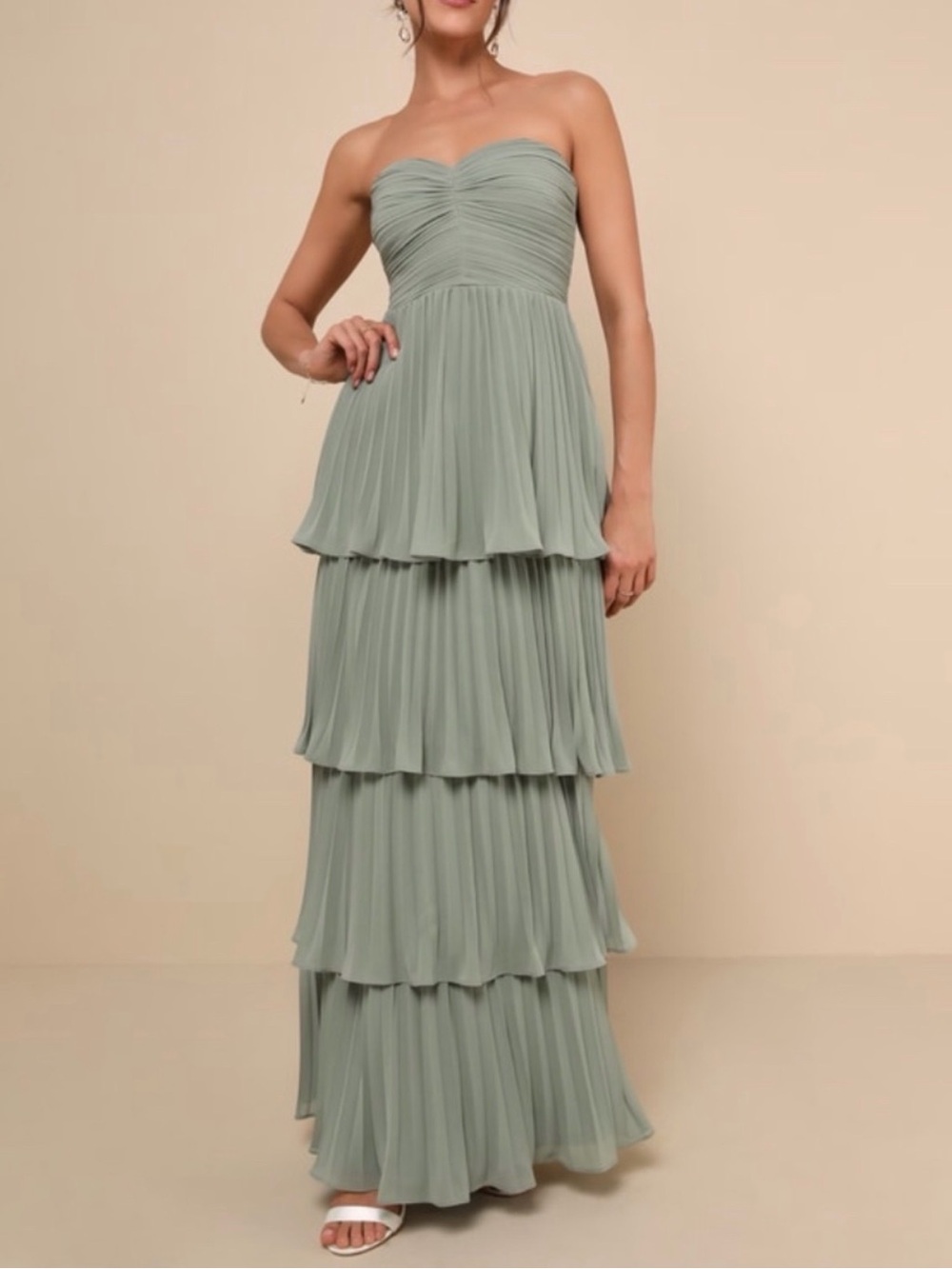 Lulus Seriously Sensational Sage Brush Strapless Tiered Maxi Dress